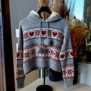 Ruby Moon Gray and Red Heart Patterned Cowl Sweater